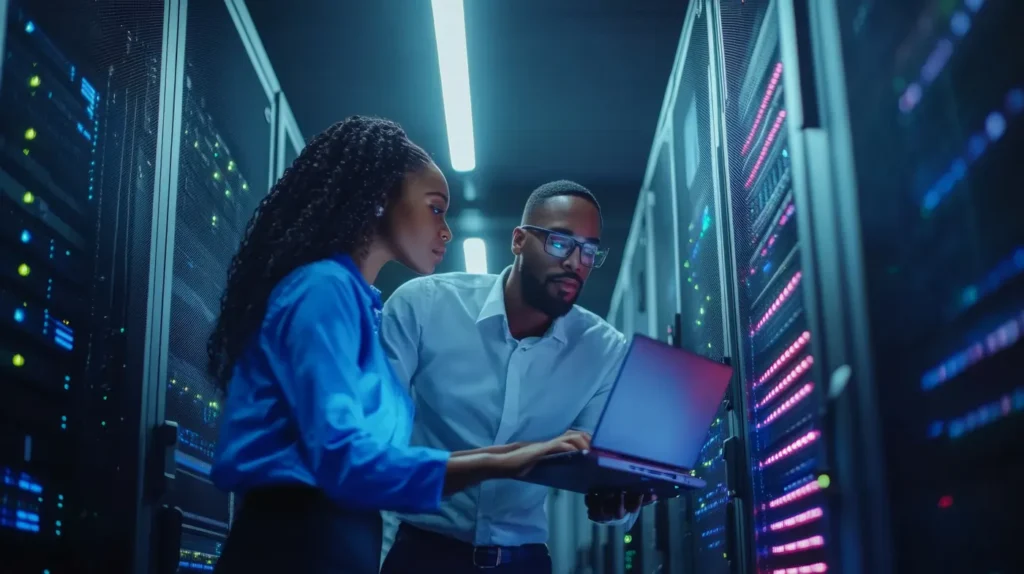 Ingénieurs informatiques dans une salle de serveurs