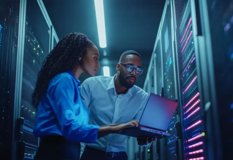 Ingénieurs informatiques dans une salle de serveurs